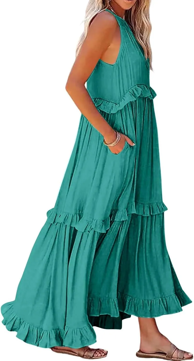 Halter Maxi Dresses for Women 2025 Summer Smocked Tiered Ruffle Dress Flowy Beach Wedding Guest Dress with Pockets