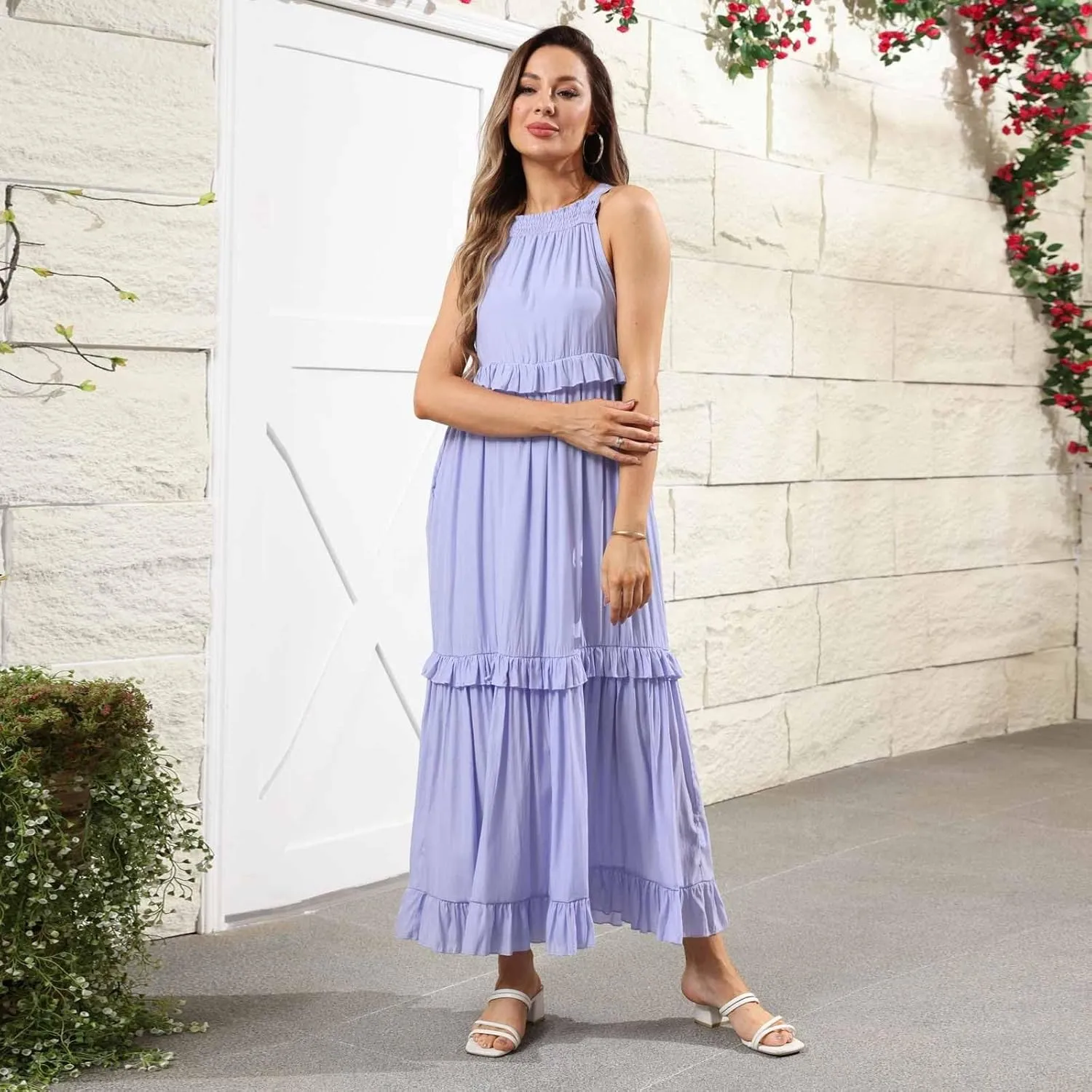 Halter Maxi Dresses for Women 2025 Summer Smocked Tiered Ruffle Dress Flowy Beach Wedding Guest Dress with Pockets