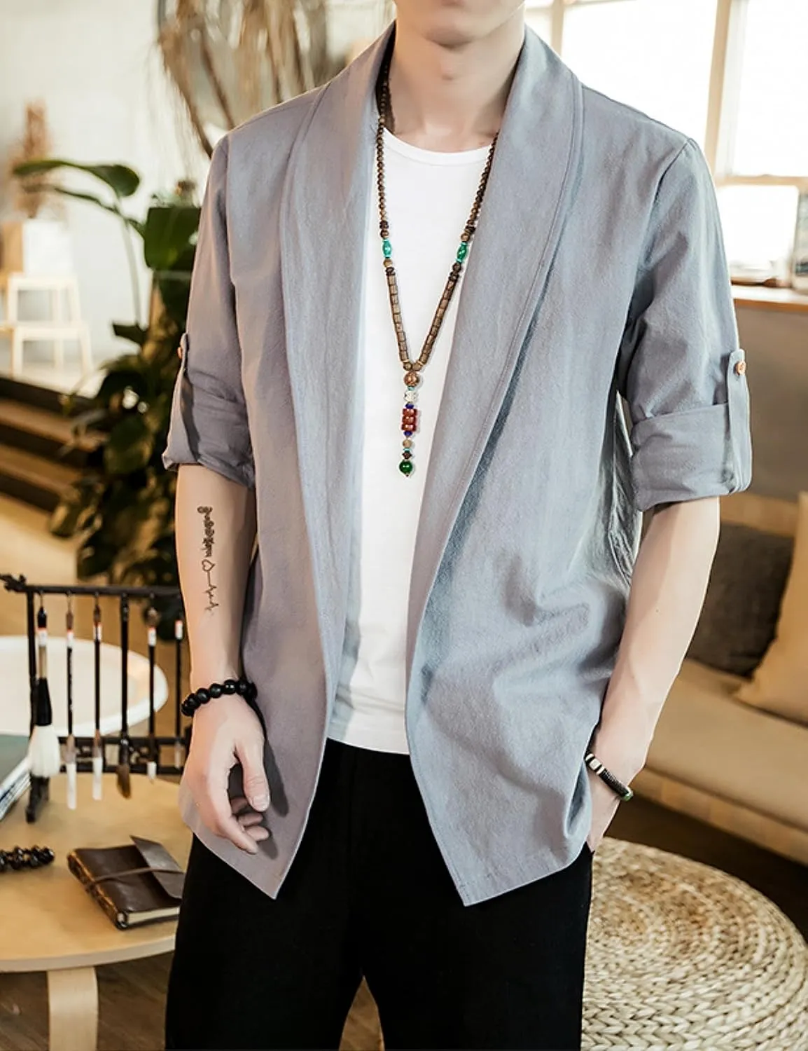 HangNiFang Mens Casual Blazer Sport Coat Cardigan Cotton Linen Open Front Outwear Jacket