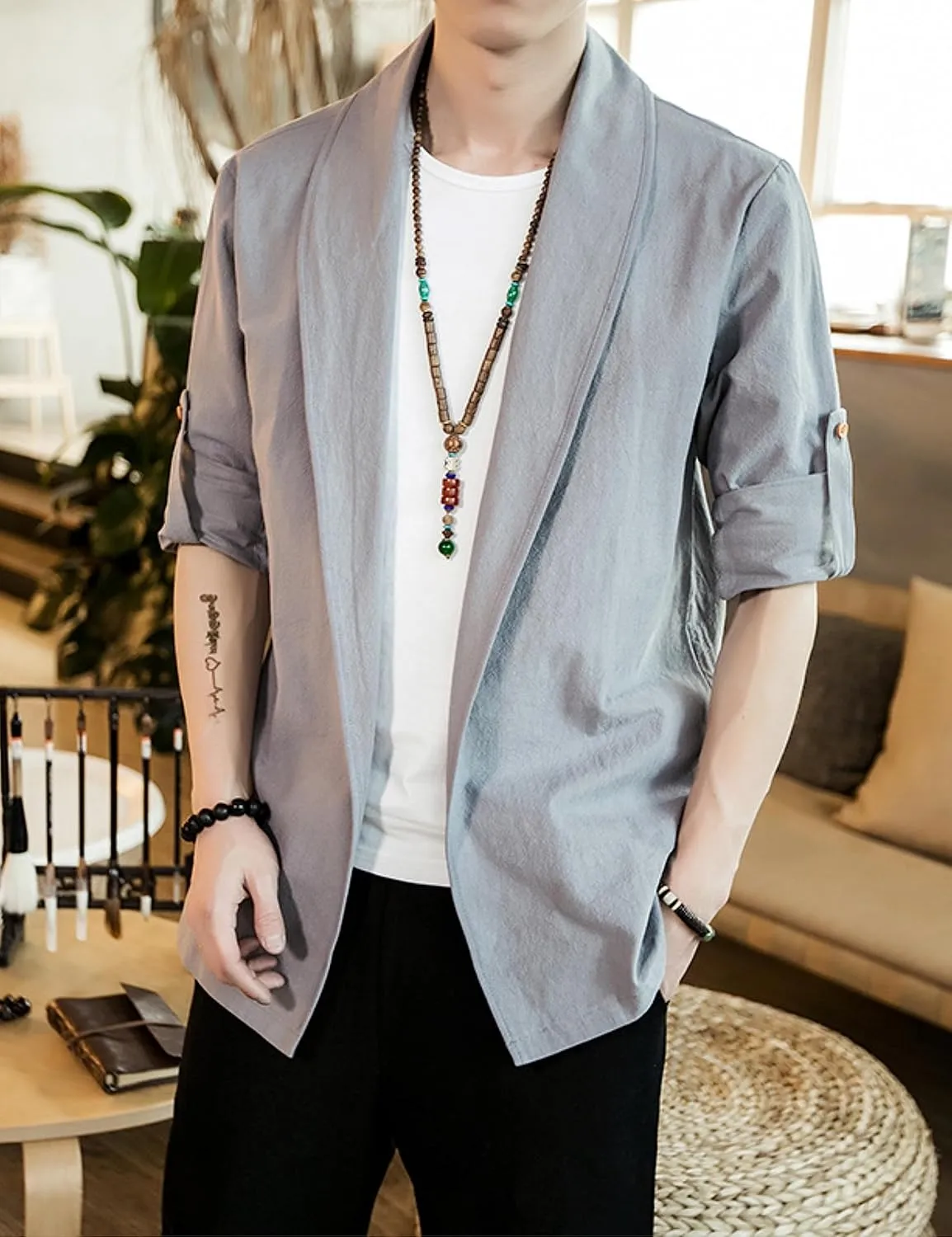 HangNiFang Mens Casual Blazer Sport Coat Cardigan Cotton Linen Open Front Outwear Jacket