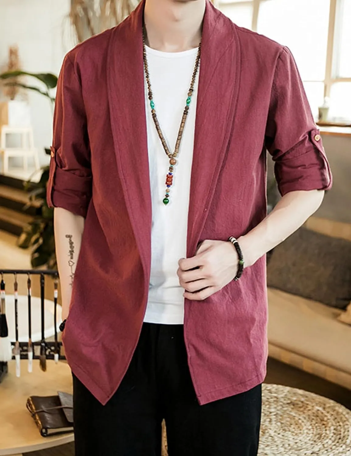 HangNiFang Mens Casual Blazer Sport Coat Cardigan Cotton Linen Open Front Outwear Jacket