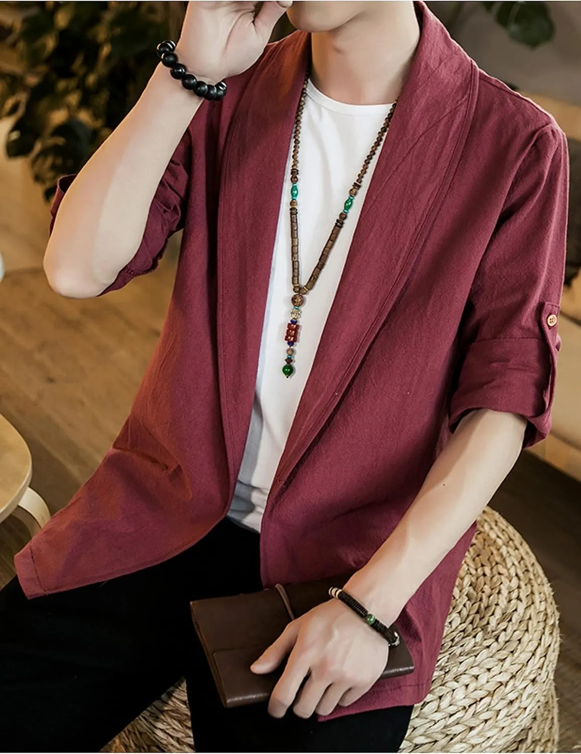 HangNiFang Mens Casual Blazer Sport Coat Cardigan Cotton Linen Open Front Outwear Jacket