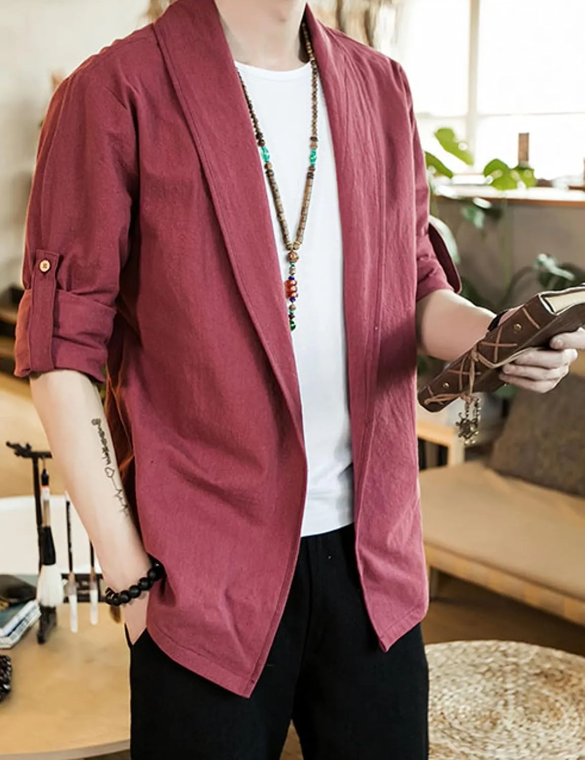 HangNiFang Mens Casual Blazer Sport Coat Cardigan Cotton Linen Open Front Outwear Jacket