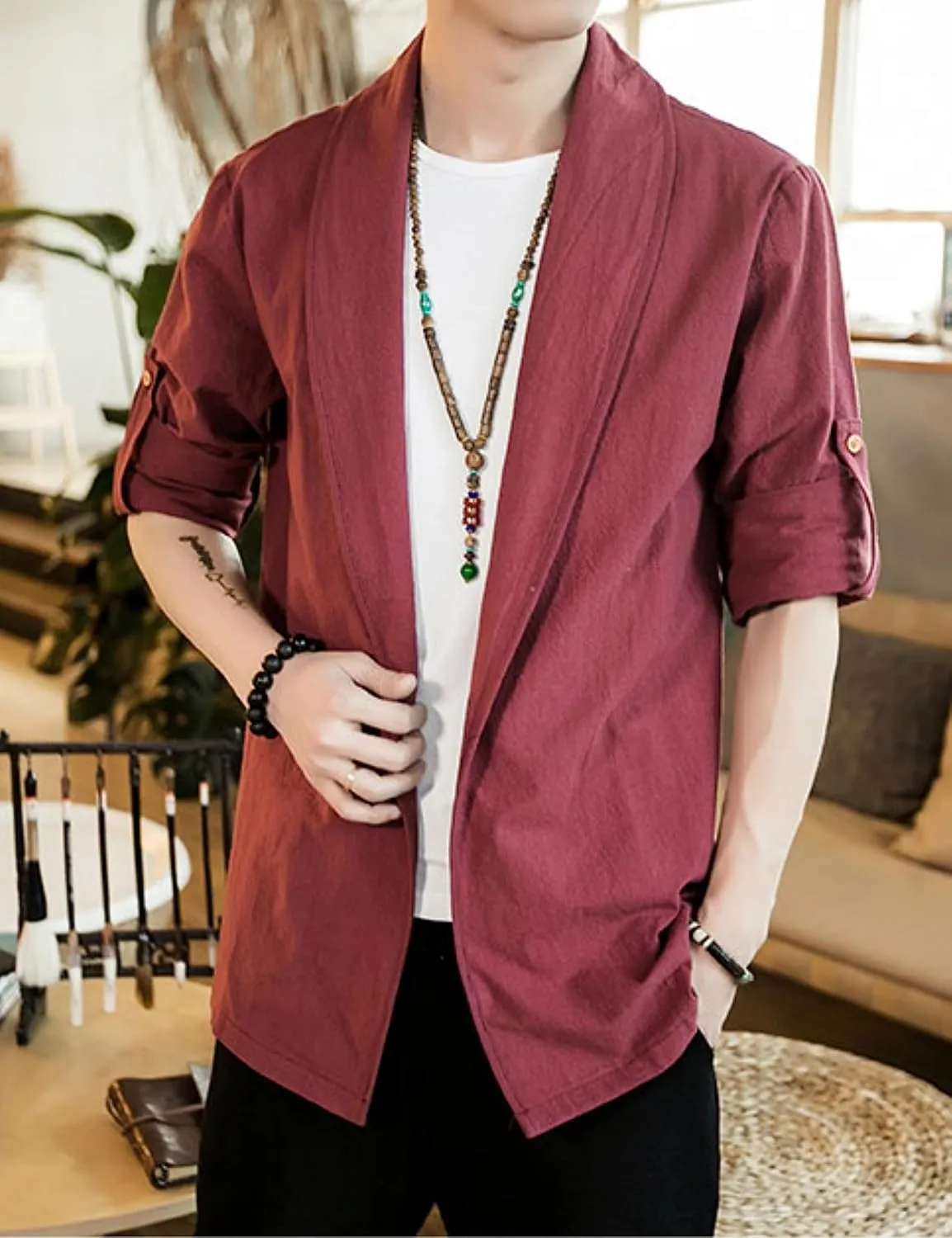 HangNiFang Mens Casual Blazer Sport Coat Cardigan Cotton Linen Open Front Outwear Jacket