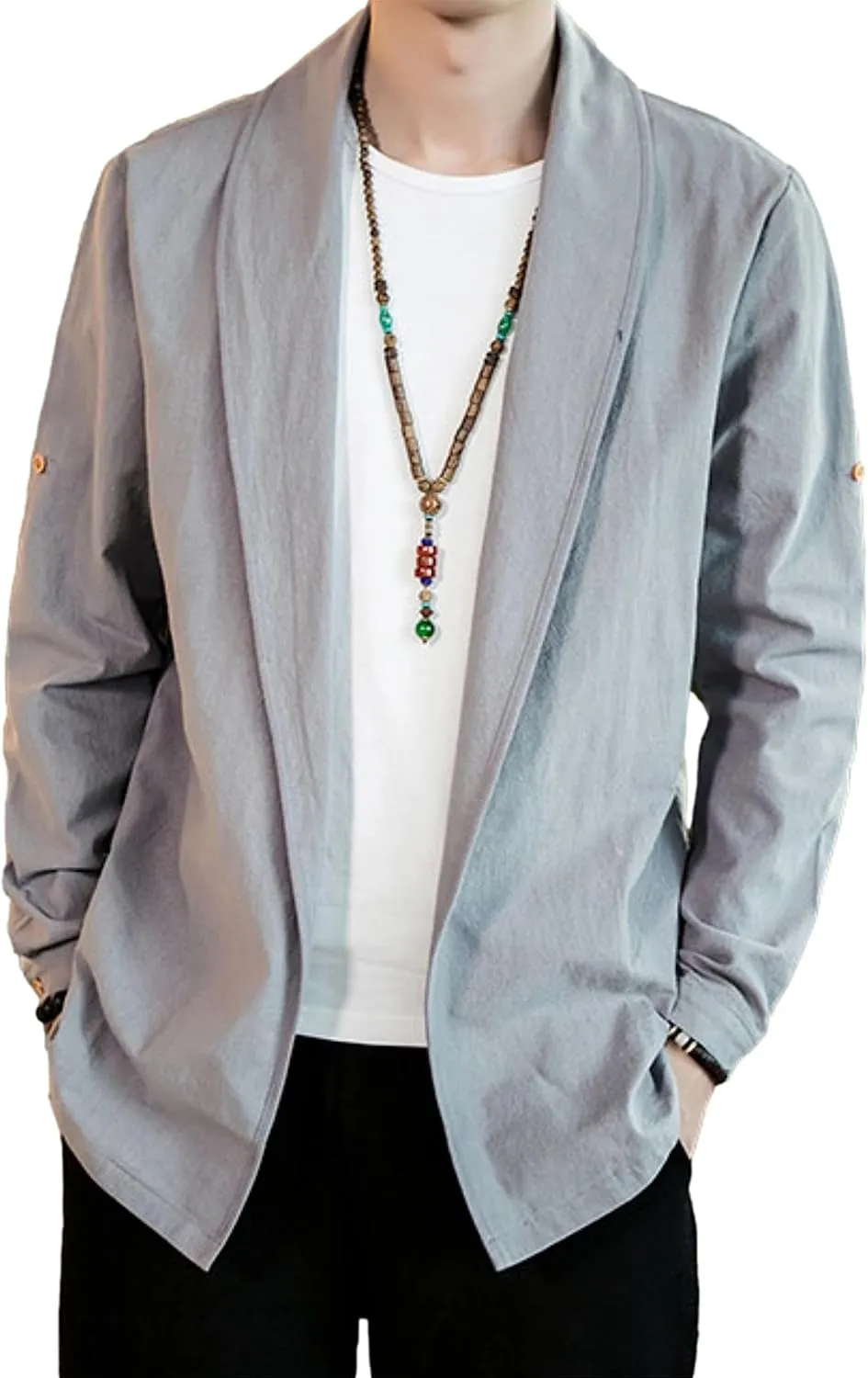 HangNiFang Mens Casual Blazer Sport Coat Cardigan Cotton Linen Open Front Outwear Jacket