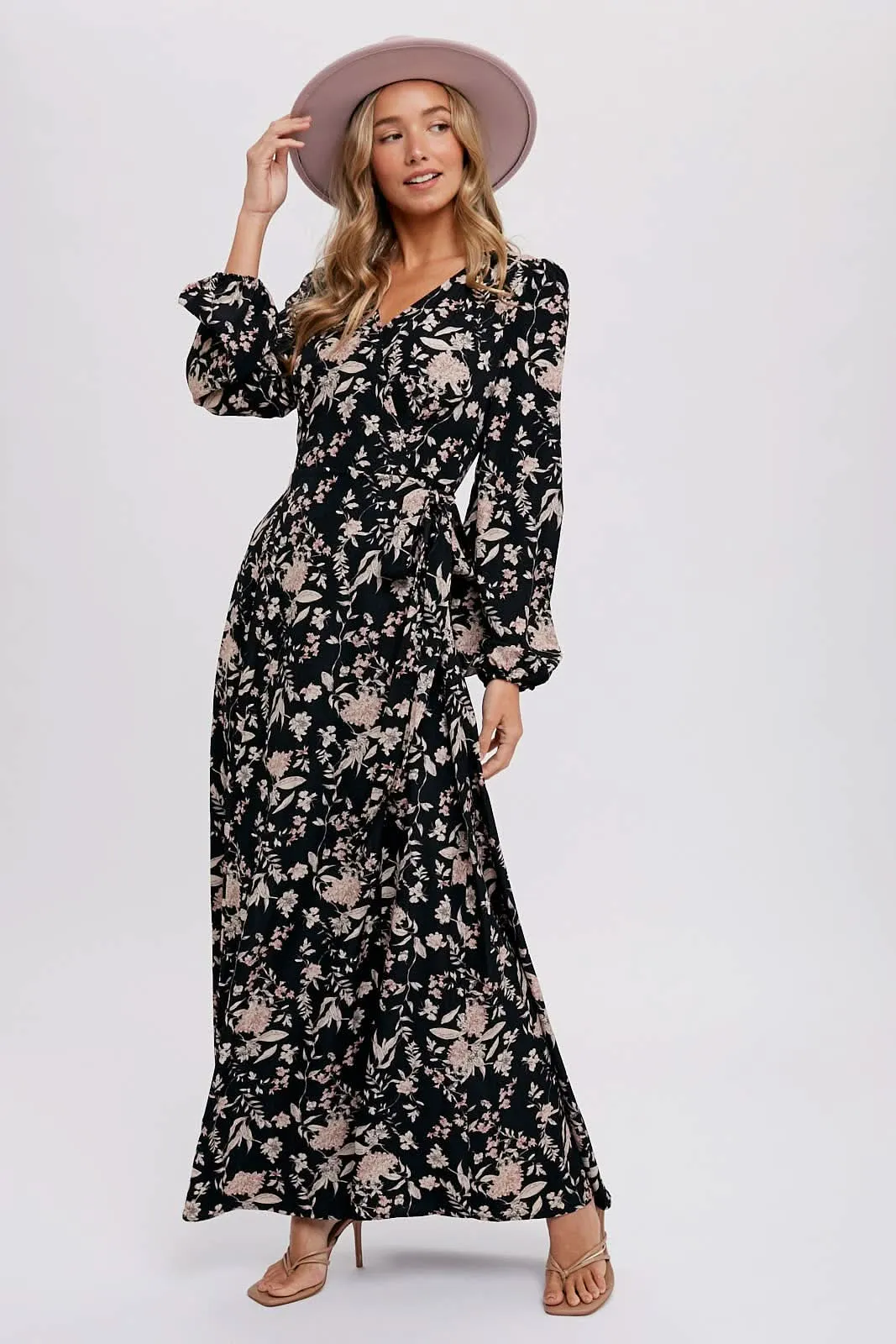 Hazelnut Floral Print Wrap Maxi Dress