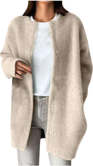 HGps8w Business Casual Wool Blend Pea Coats for Women Elegant Collarless Trench Coat Open Front Winter Overcoat Outerwear