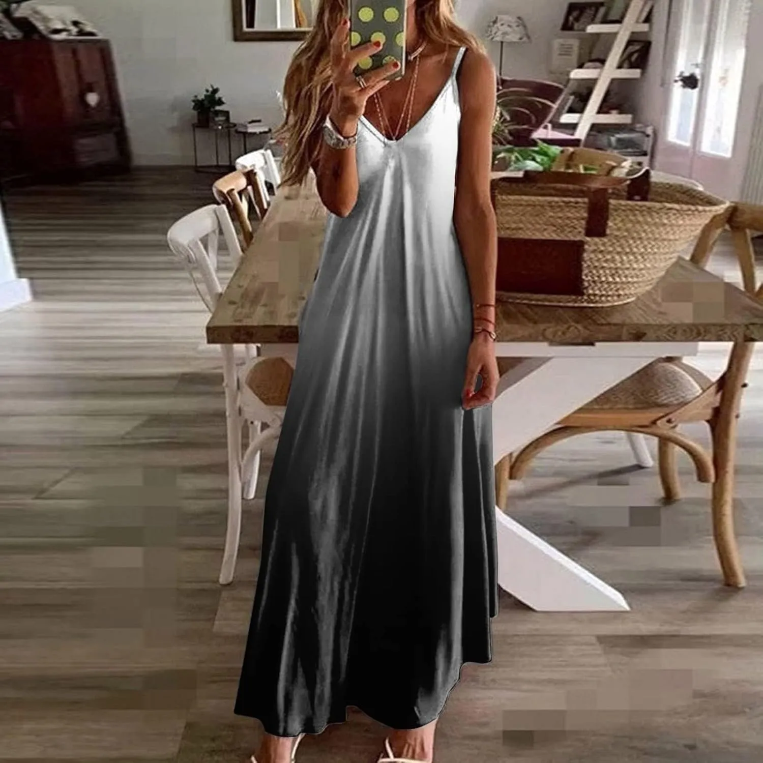hlysgo V Neck Summer Dress for Women Boho Spaghetti Straps Long Dresses Casual Flowy Sundress A-Line Beach Dress