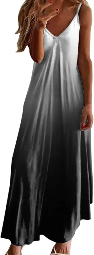 hlysgo V Neck Summer Dress for Women Boho Spaghetti Straps Long Dresses Casual Flowy Sundress A-Line Beach Dress