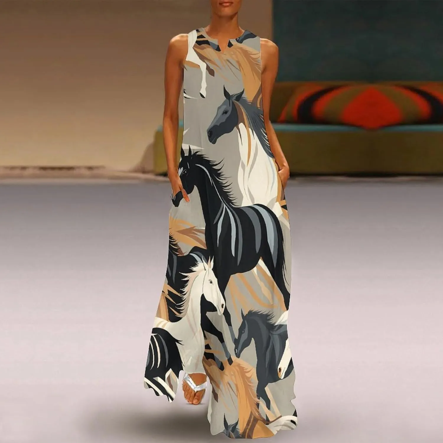 Horse Pattern Women's Long Dress Summer Sleeveless Maxi Dress Casual Loose Sundress for Beach Travel Vacation