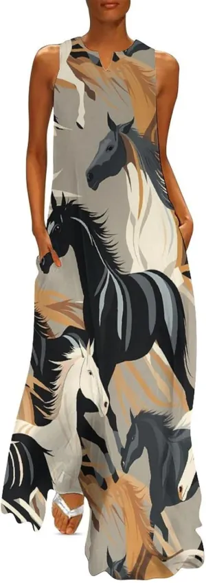Horse Pattern Women's Long Dress Summer Sleeveless Maxi Dress Casual Loose Sundress for Beach Travel Vacation