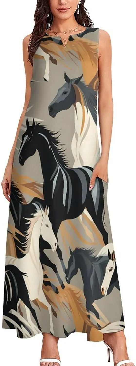 Horse Pattern Women's Long Dress Summer Sleeveless Maxi Dress Casual Loose Sundress for Beach Travel Vacation
