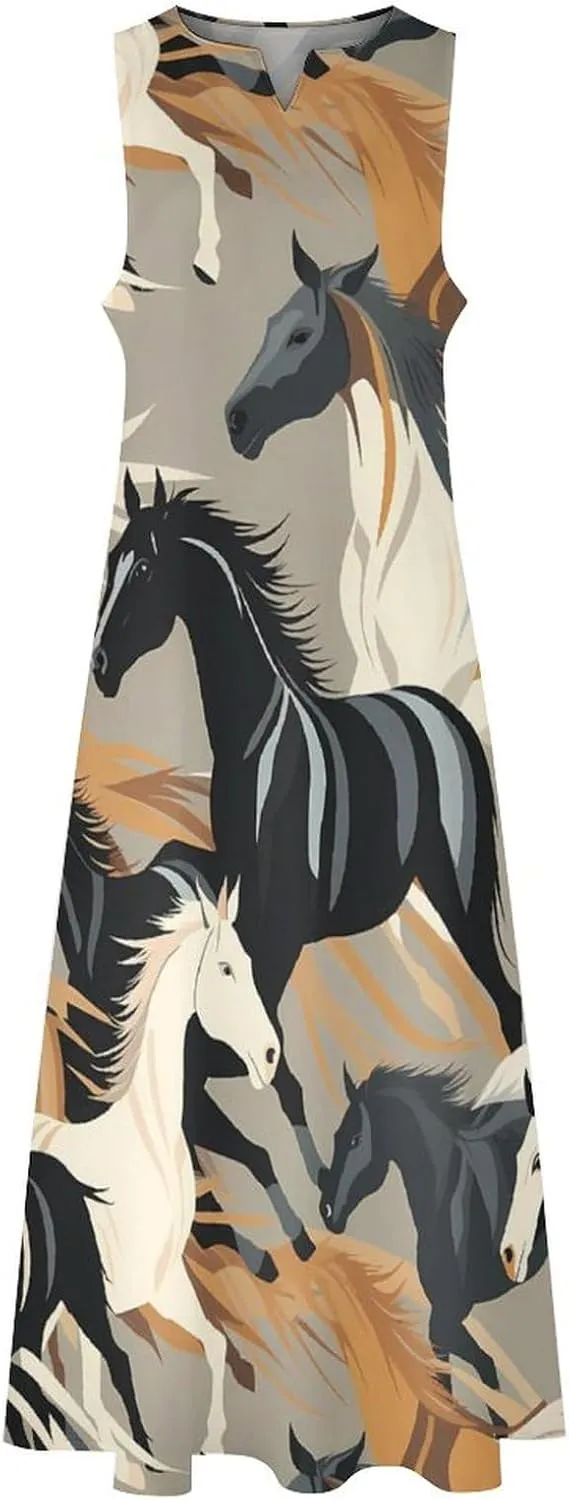 Horse Pattern Women's Long Dress Summer Sleeveless Maxi Dress Casual Loose Sundress for Beach Travel Vacation