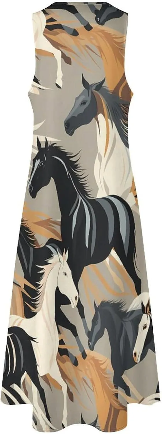 Horse Pattern Women's Long Dress Summer Sleeveless Maxi Dress Casual Loose Sundress for Beach Travel Vacation