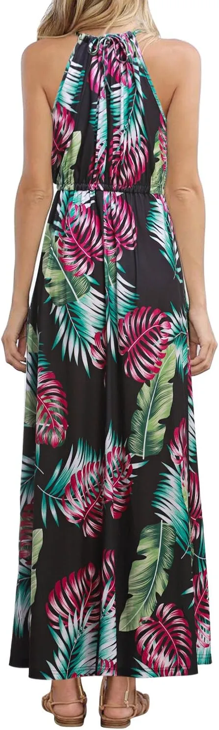 HUSKARY Womens Summer Sleeveless V Neck Spaghetti Strap Pockets Beach Boho Vacation Casual Spring Maxi Dress
