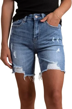 HUUSA Women's High Waist Ripped Denim Shorts Frayed Hem Destroyed Mid Thigh Short Jeans Casual Bermuda Shorts with Pocket
