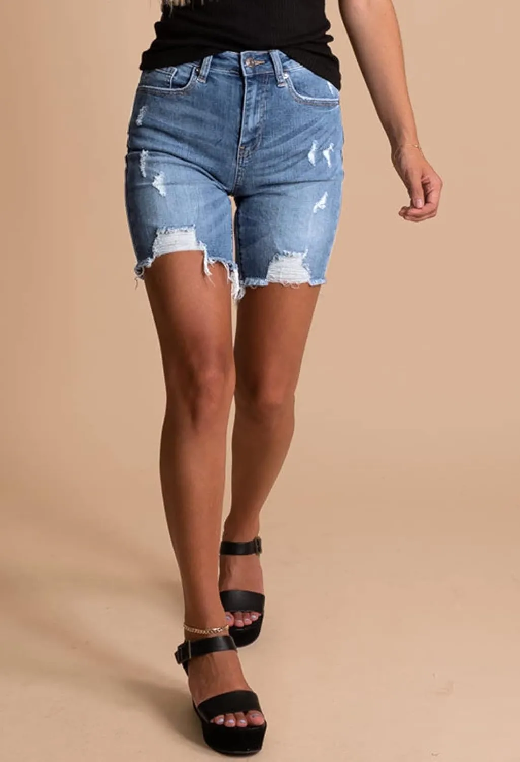HUUSA Women's High Waist Ripped Denim Shorts Frayed Hem Destroyed Mid Thigh Short Jeans Casual Bermuda Shorts with Pocket