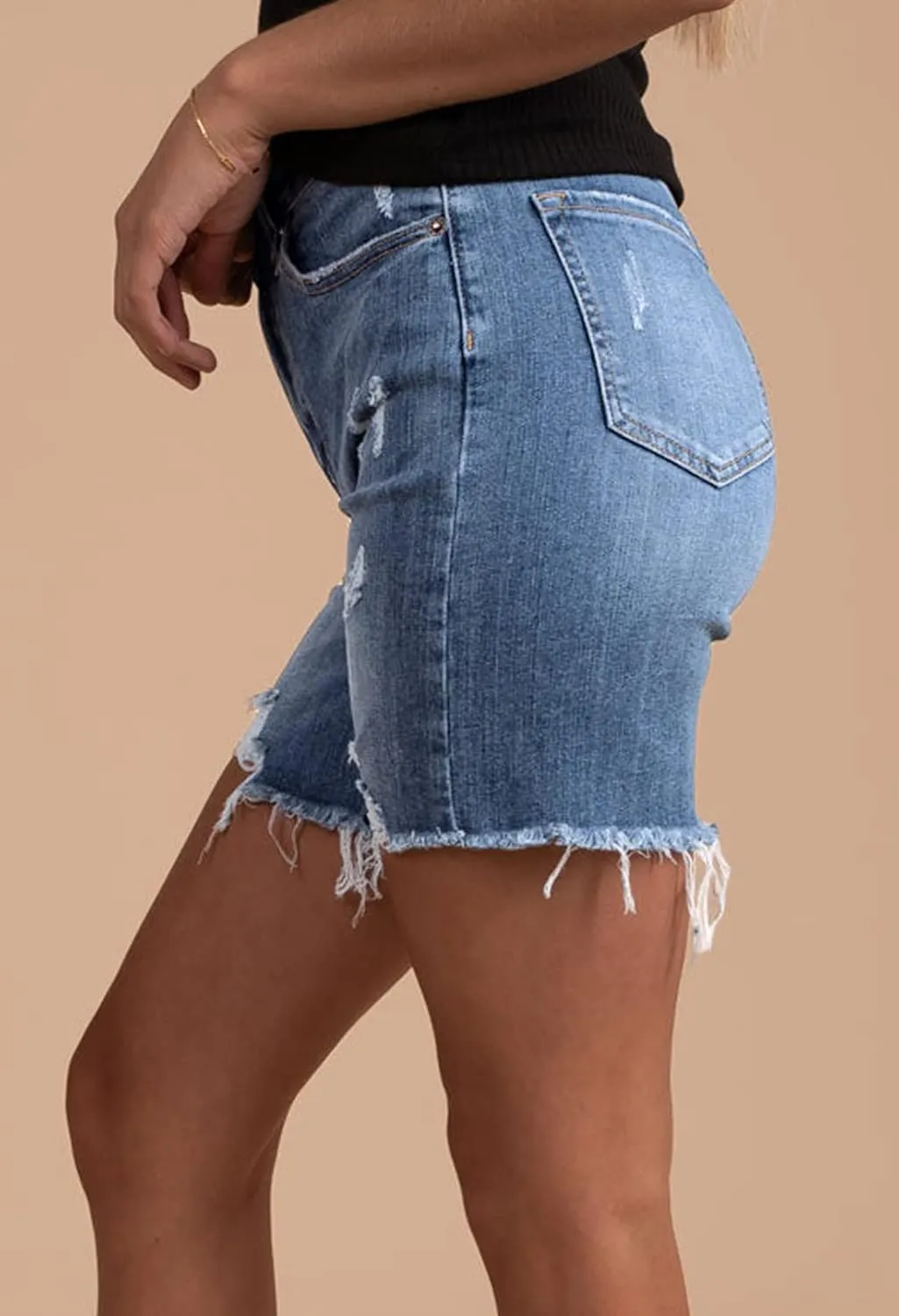HUUSA Women's High Waist Ripped Denim Shorts Frayed Hem Destroyed Mid Thigh Short Jeans Casual Bermuda Shorts with Pocket