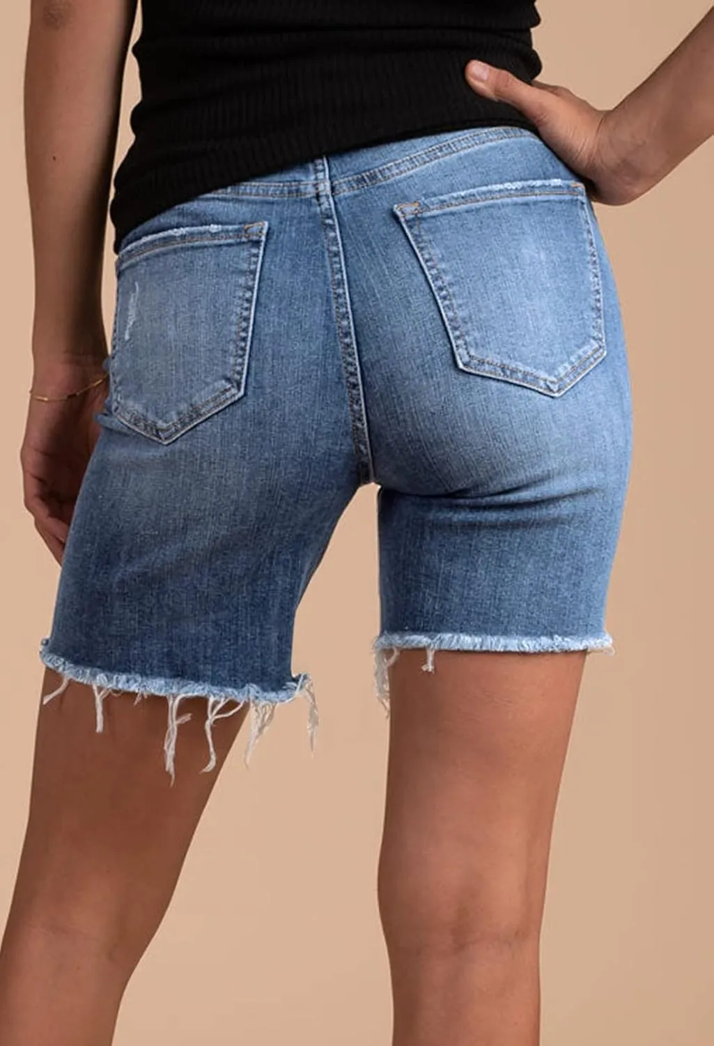 HUUSA Women's High Waist Ripped Denim Shorts Frayed Hem Destroyed Mid Thigh Short Jeans Casual Bermuda Shorts with Pocket