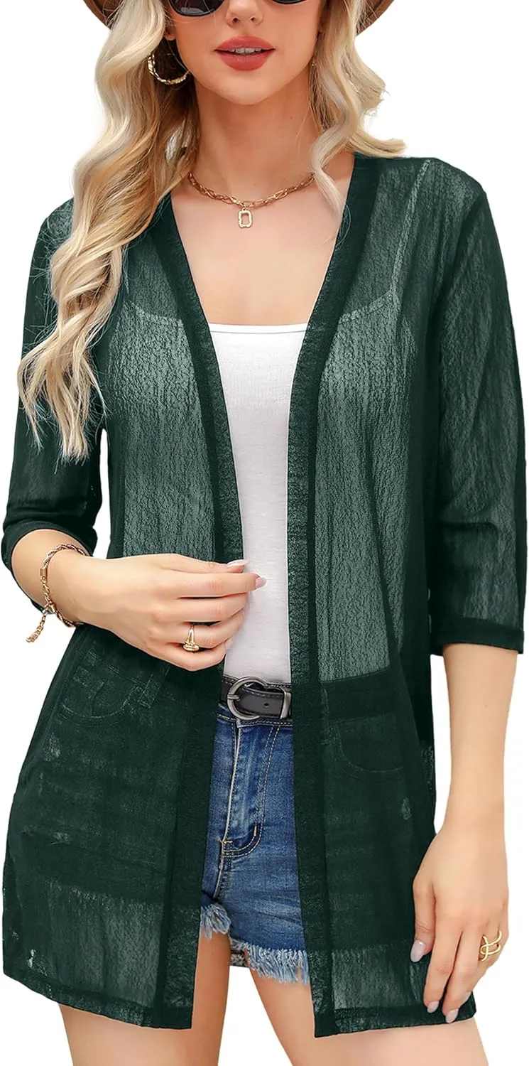 iClosam Women Casual 3/4 Sleeve Sheer Open Front Cardigan Sweater Kimono