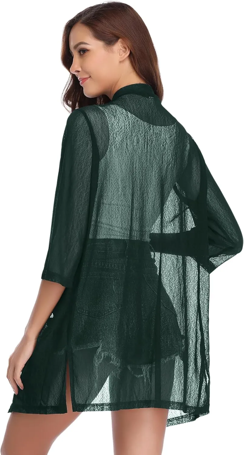 iClosam Women Casual 3/4 Sleeve Sheer Open Front Cardigan Sweater Kimono
