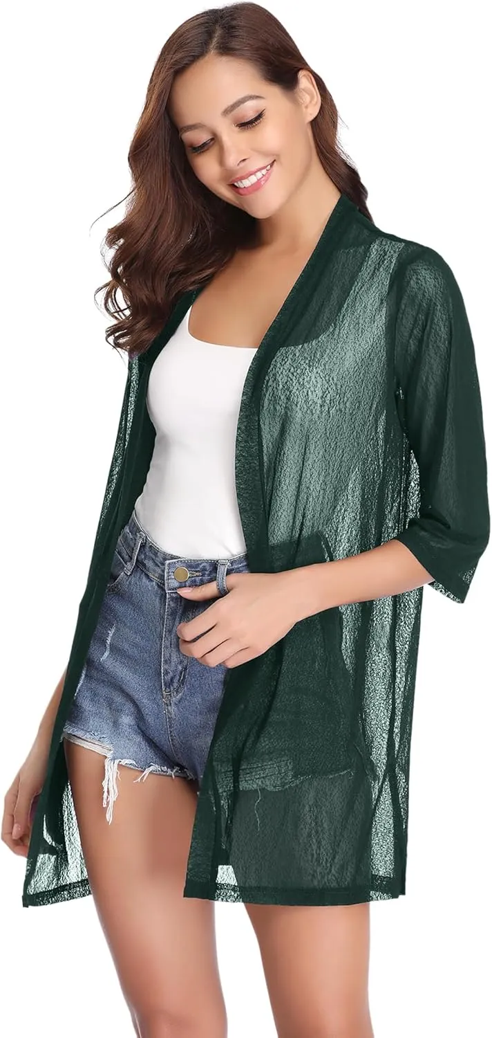 iClosam Women Casual 3/4 Sleeve Sheer Open Front Cardigan Sweater Kimono