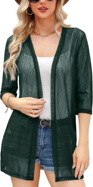 iClosam Women Casual 3/4 Sleeve Sheer Open Front Cardigan Sweater Kimono