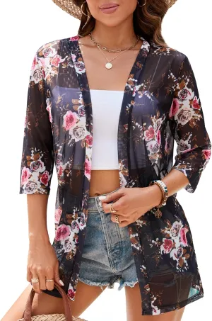 iClosam Women Casual 3/4 Sleeve Sheer Open Front Cardigan Sweater Kimono