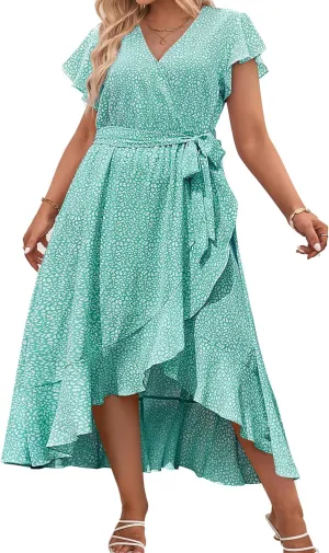 IN'VOLAND Plus Size Womens Floral Summer Dress Casual Wrap V Neck Short Sleeve Belted Beach Bohemian Maxi Dress