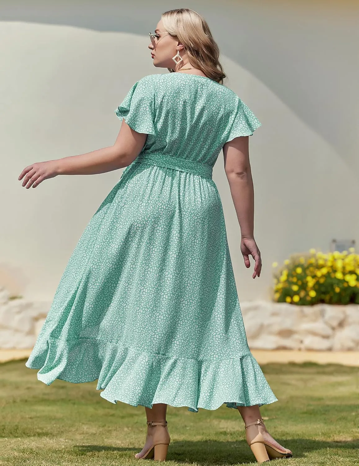IN'VOLAND Plus Size Womens Floral Summer Dress Casual Wrap V Neck Short Sleeve Belted Beach Bohemian Maxi Dress