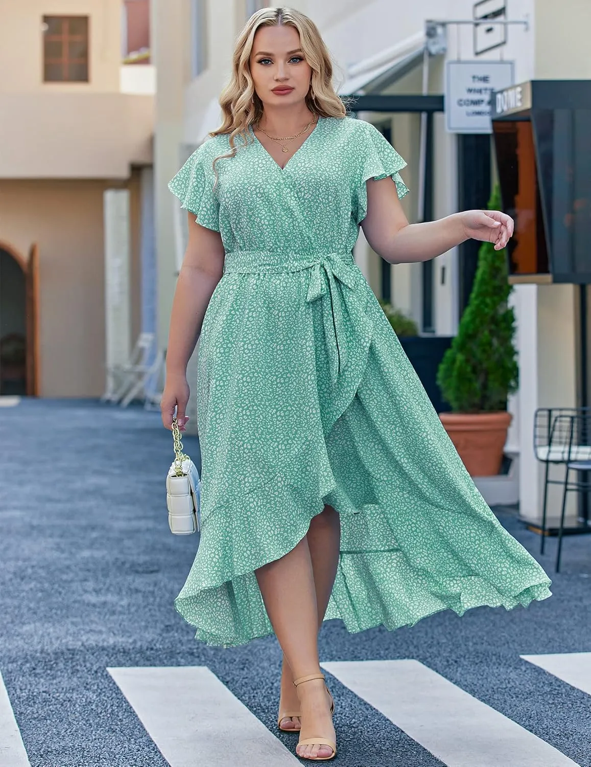 IN'VOLAND Plus Size Womens Floral Summer Dress Casual Wrap V Neck Short Sleeve Belted Beach Bohemian Maxi Dress