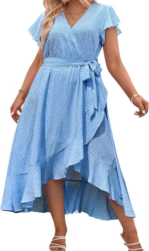 IN'VOLAND Plus Size Womens Floral Summer Dress Casual Wrap V Neck Short Sleeve Belted Beach Bohemian Maxi Dress