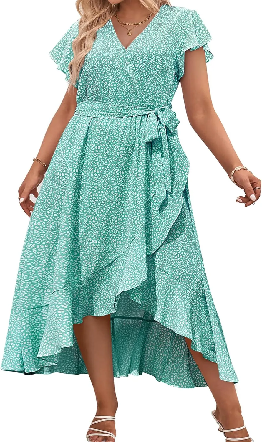 IN'VOLAND Plus Size Womens Floral Summer Dress Casual Wrap V Neck Short Sleeve Belted Beach Bohemian Maxi Dress