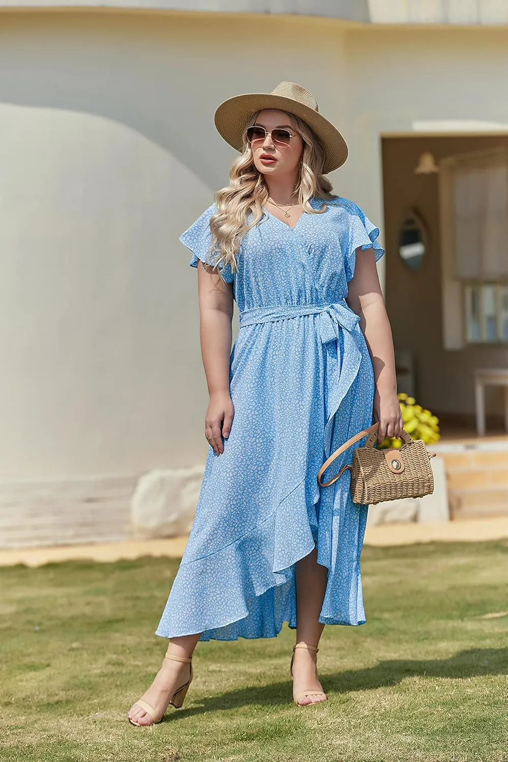 IN'VOLAND Plus Size Womens Floral Summer Dress Casual Wrap V Neck Short Sleeve Belted Beach Bohemian Maxi Dress