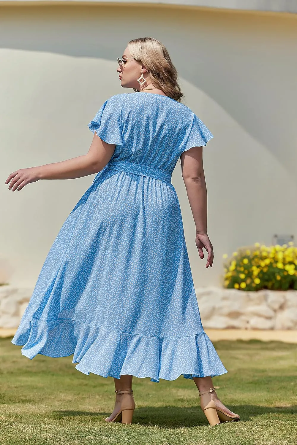 IN'VOLAND Plus Size Womens Floral Summer Dress Casual Wrap V Neck Short Sleeve Belted Beach Bohemian Maxi Dress