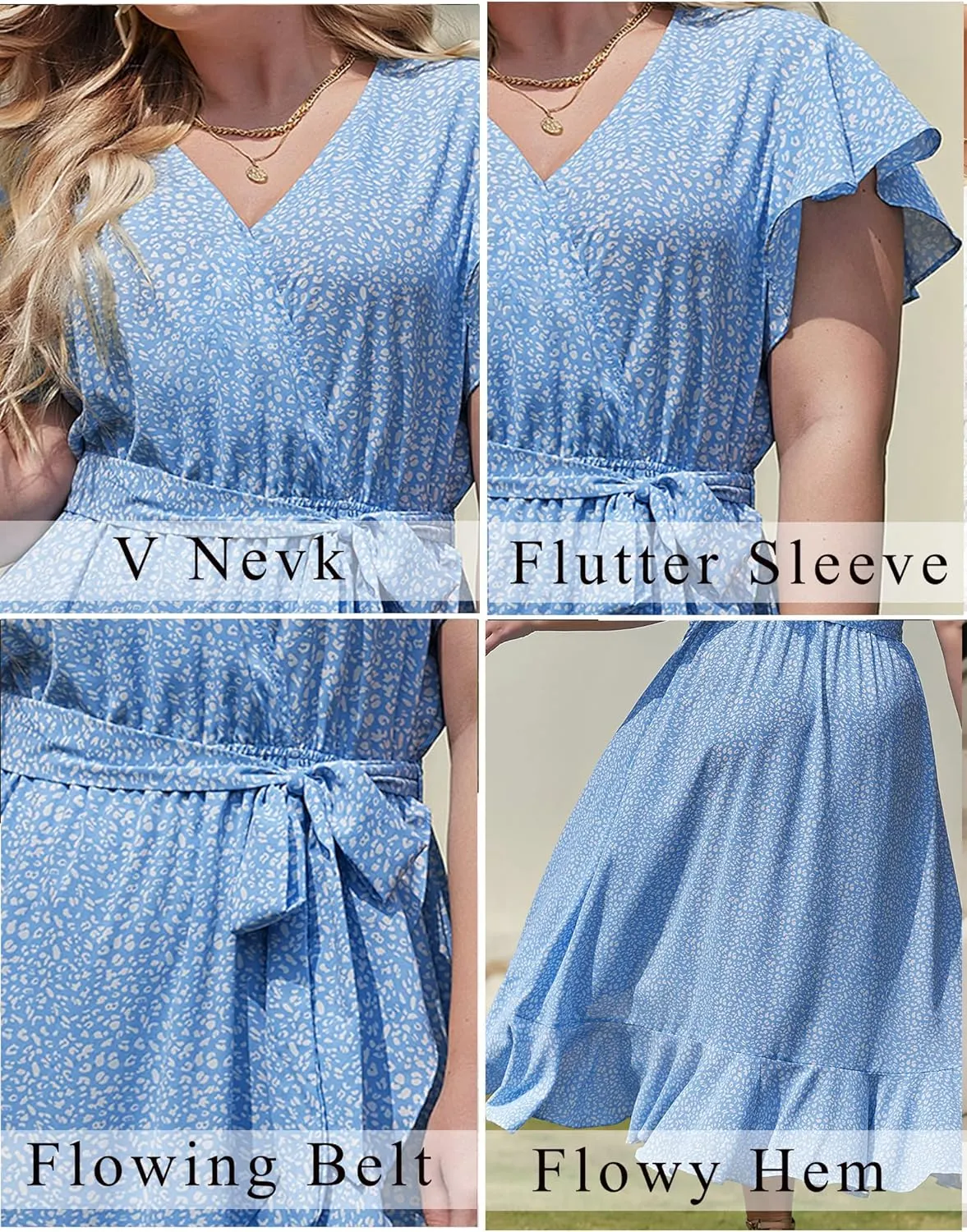 IN'VOLAND Plus Size Womens Floral Summer Dress Casual Wrap V Neck Short Sleeve Belted Beach Bohemian Maxi Dress