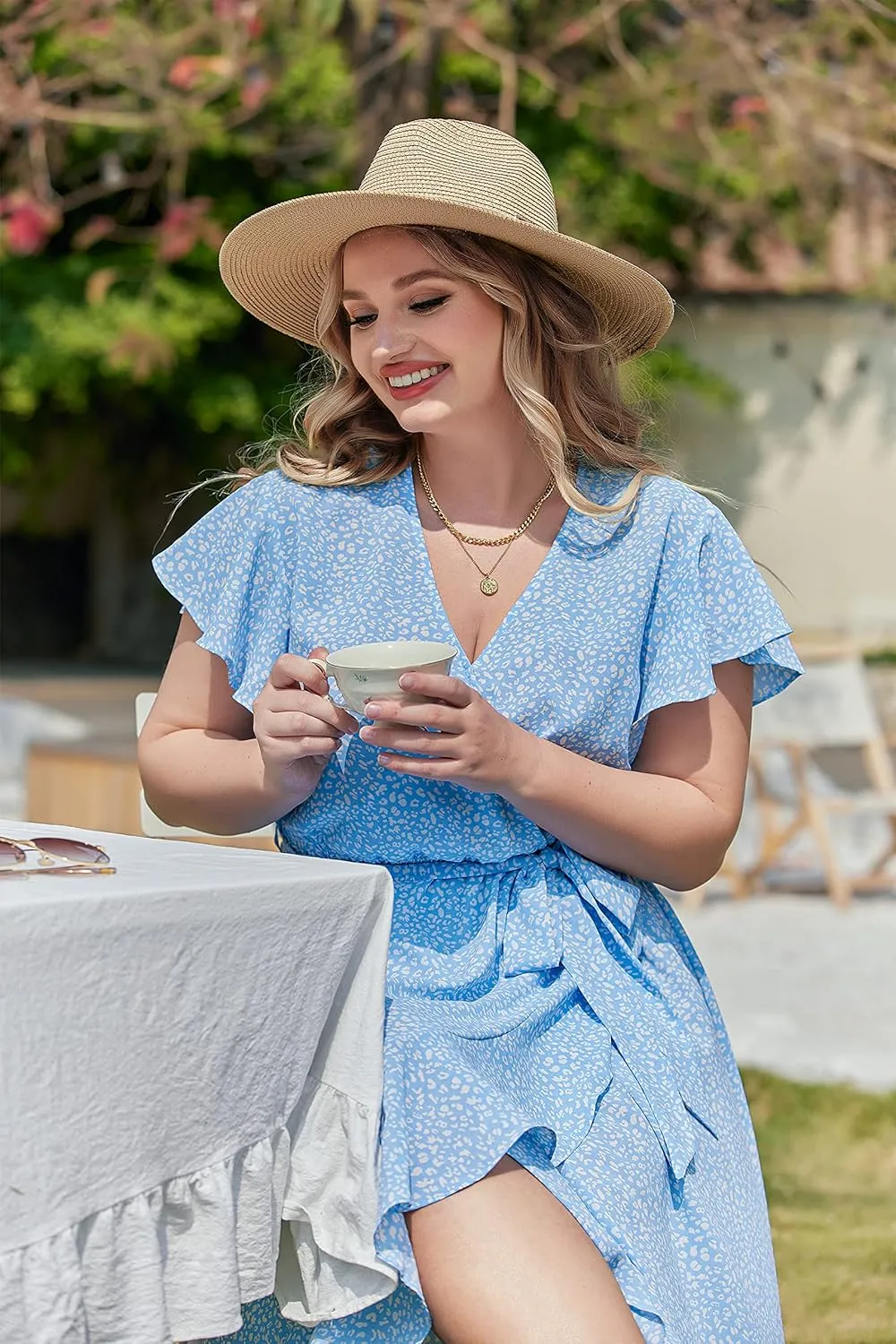 IN'VOLAND Plus Size Womens Floral Summer Dress Casual Wrap V Neck Short Sleeve Belted Beach Bohemian Maxi Dress