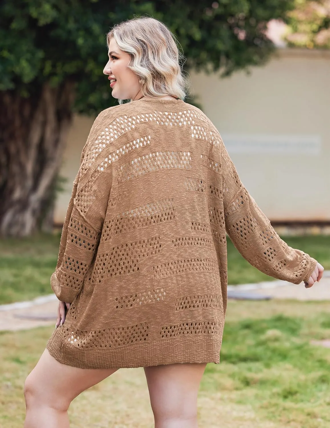 IN'VOLAND Womens Plus Size Crochet Cardigan Kimonos Boho Long Sleeve Oversized Summer Open Front Knitted Sweater