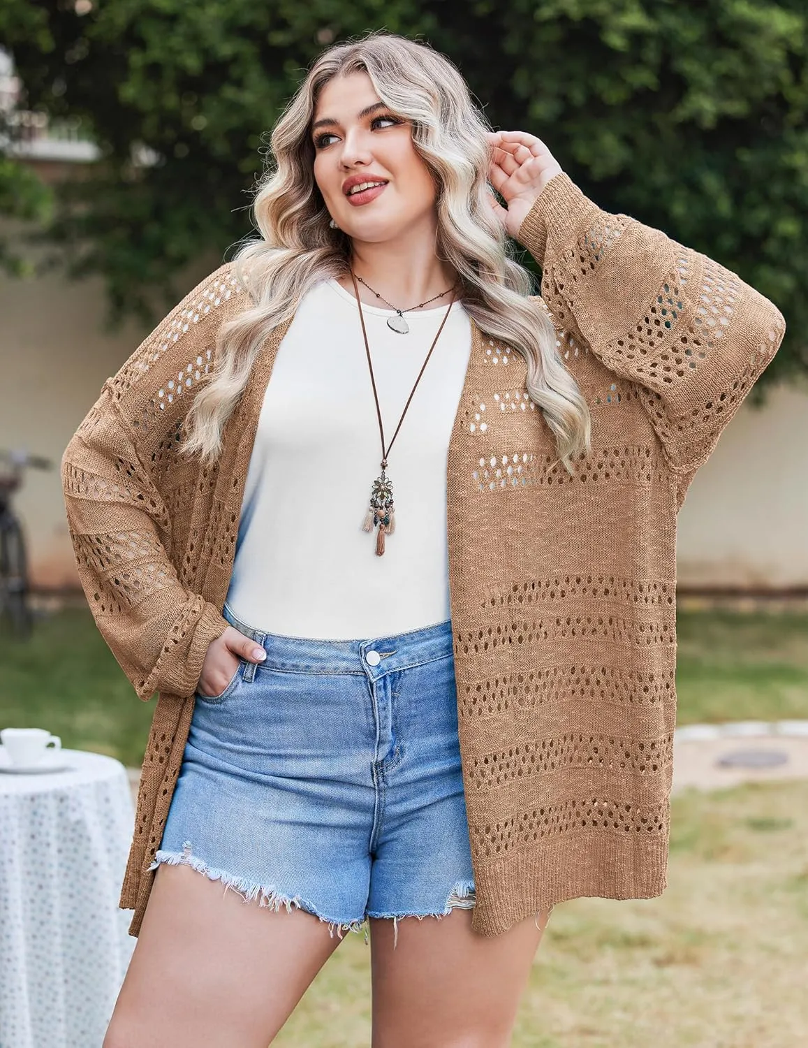 IN'VOLAND Womens Plus Size Crochet Cardigan Kimonos Boho Long Sleeve Oversized Summer Open Front Knitted Sweater