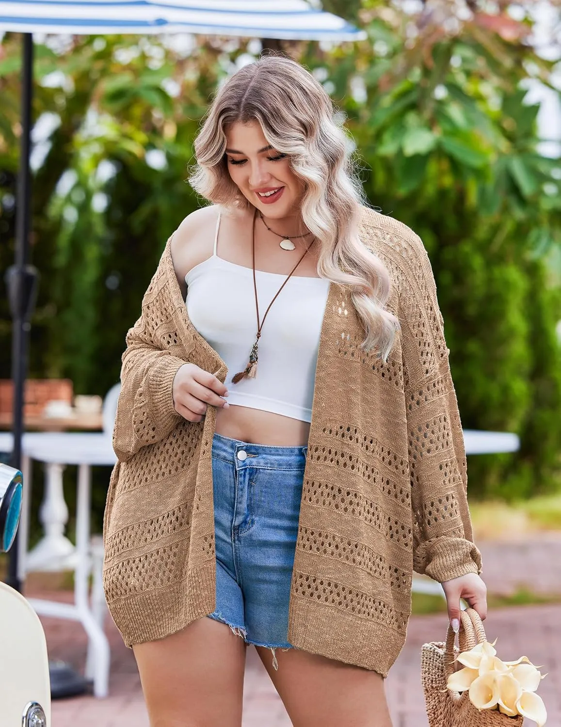 IN'VOLAND Womens Plus Size Crochet Cardigan Kimonos Boho Long Sleeve Oversized Summer Open Front Knitted Sweater
