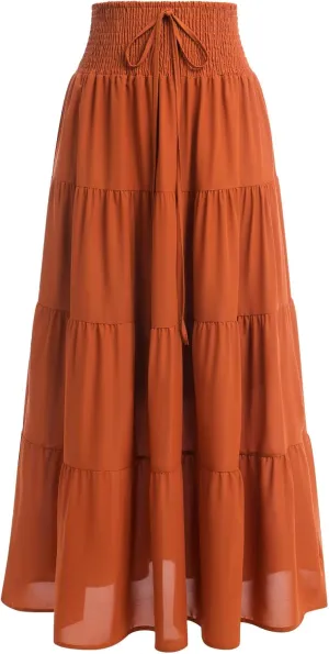 IWEMEK Women Boho Elastic Waist A Line Ruffle Beach Convertible Maxi Skirt Dress Tired Pleated Drawstring Chiffon Long Skirts