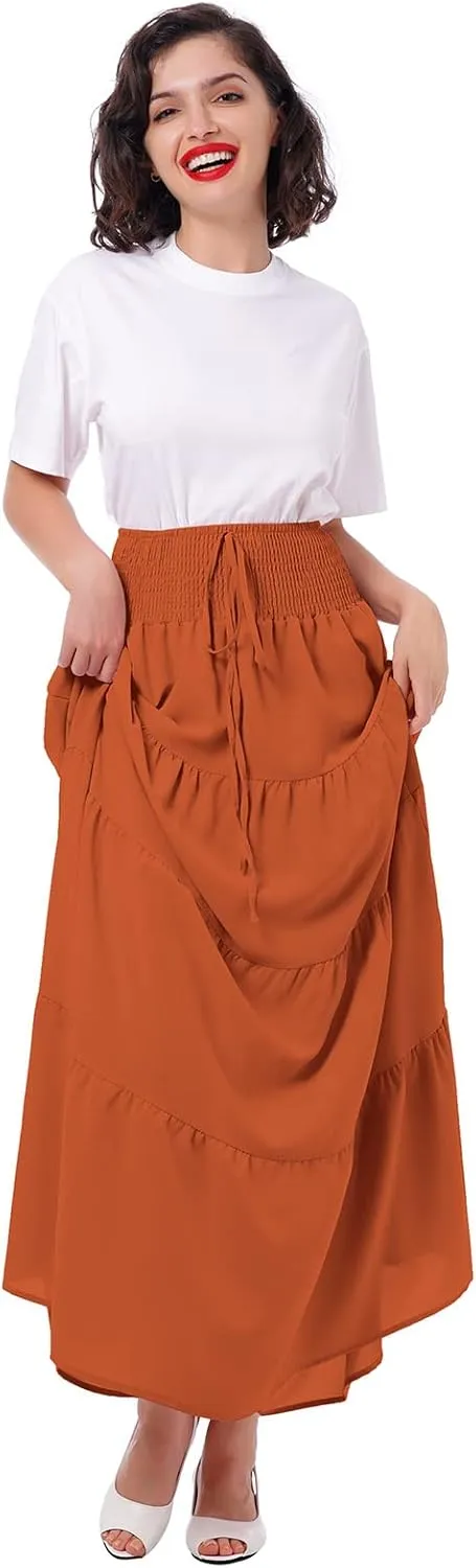 IWEMEK Women Boho Elastic Waist A Line Ruffle Beach Convertible Maxi Skirt Dress Tired Pleated Drawstring Chiffon Long Skirts