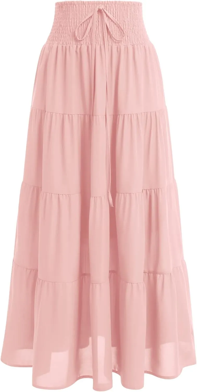 IWEMEK Women Boho Elastic Waist A Line Ruffle Beach Convertible Maxi Skirt Dress Tired Pleated Drawstring Chiffon Long Skirts