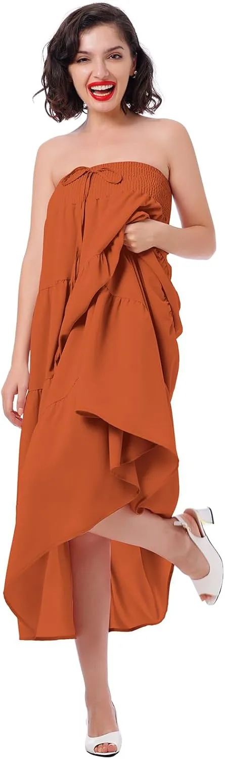 IWEMEK Women Boho Elastic Waist A Line Ruffle Beach Convertible Maxi Skirt Dress Tired Pleated Drawstring Chiffon Long Skirts