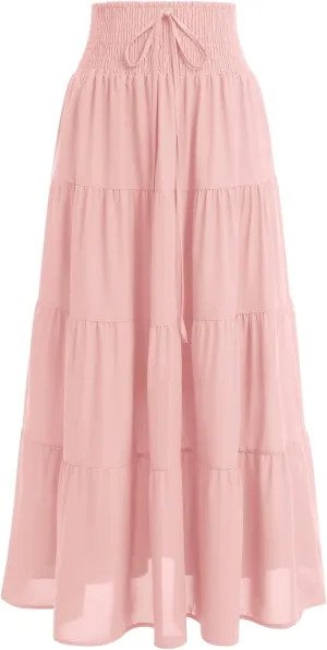 IWEMEK Women Boho Elastic Waist A Line Ruffle Beach Convertible Maxi Skirt Dress Tired Pleated Drawstring Chiffon Long Skirts