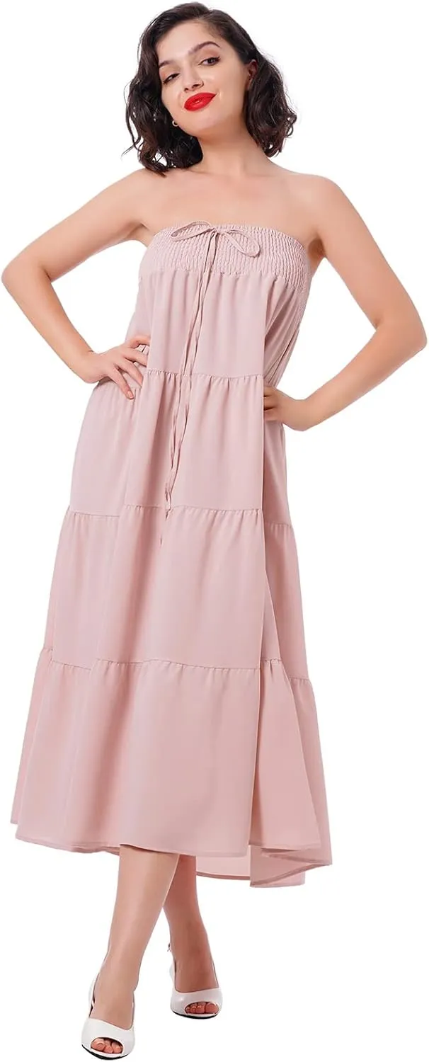 IWEMEK Women Boho Elastic Waist A Line Ruffle Beach Convertible Maxi Skirt Dress Tired Pleated Drawstring Chiffon Long Skirts