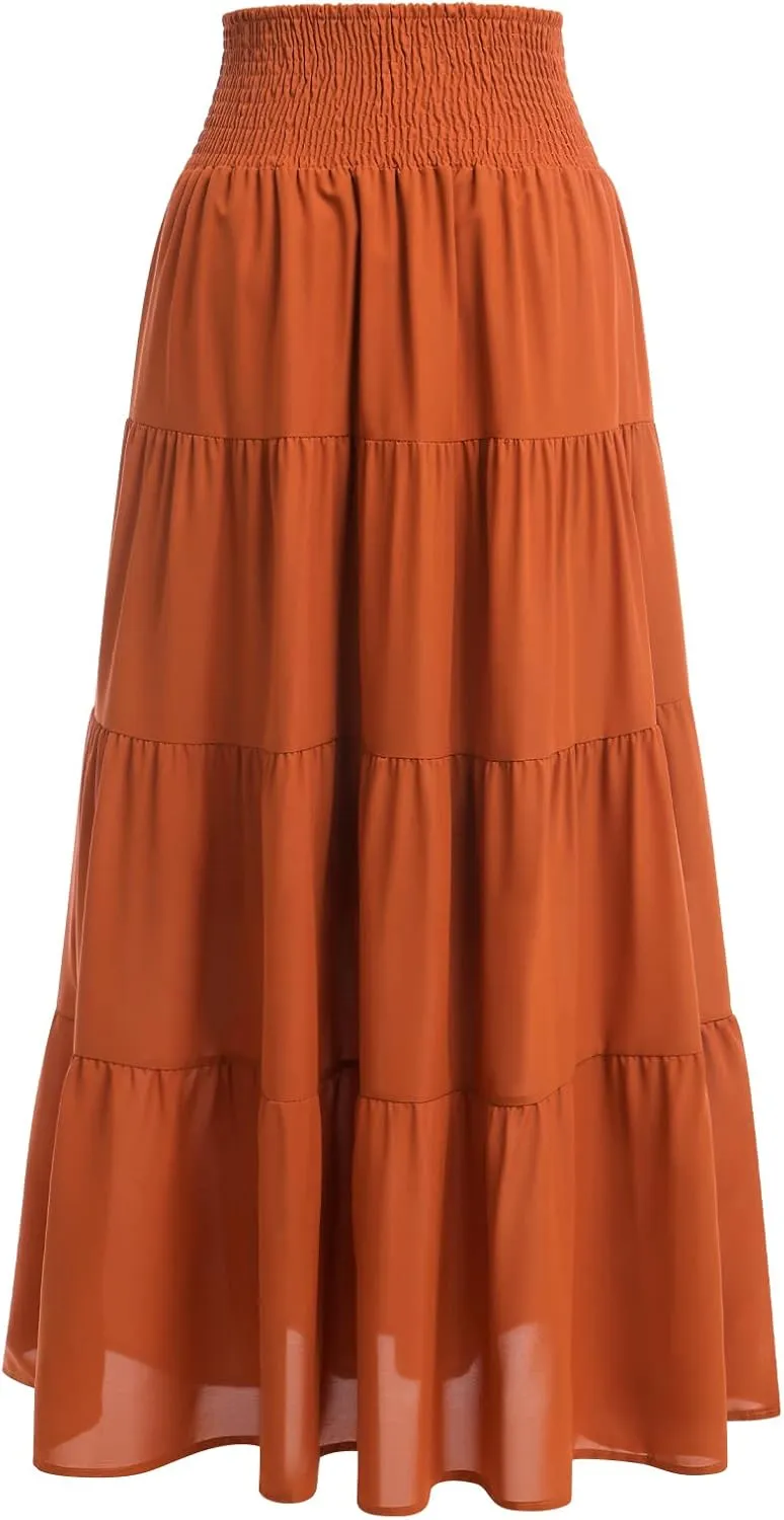 IWEMEK Women Boho Elastic Waist A Line Ruffle Beach Convertible Maxi Skirt Dress Tired Pleated Drawstring Chiffon Long Skirts