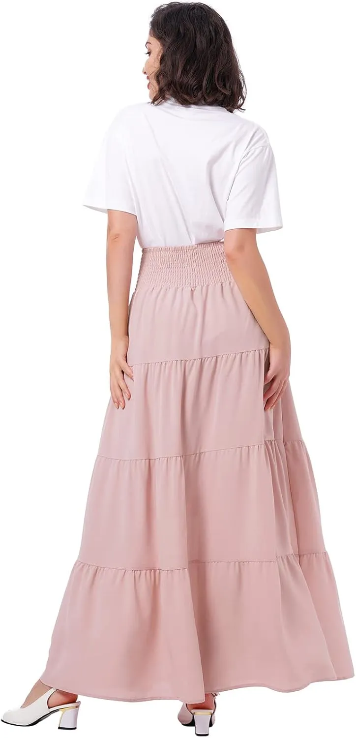 IWEMEK Women Boho Elastic Waist A Line Ruffle Beach Convertible Maxi Skirt Dress Tired Pleated Drawstring Chiffon Long Skirts