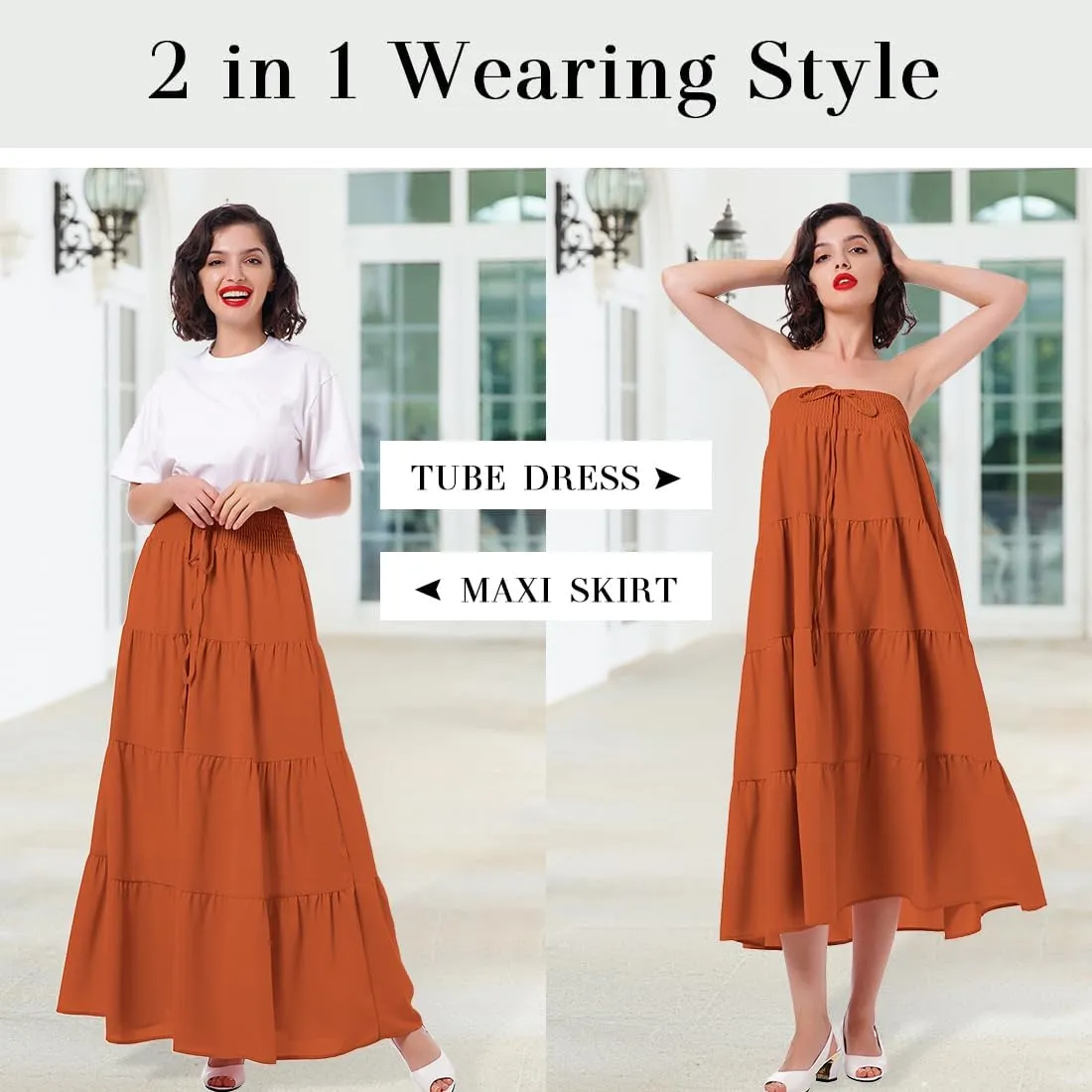 IWEMEK Women Boho Elastic Waist A Line Ruffle Beach Convertible Maxi Skirt Dress Tired Pleated Drawstring Chiffon Long Skirts