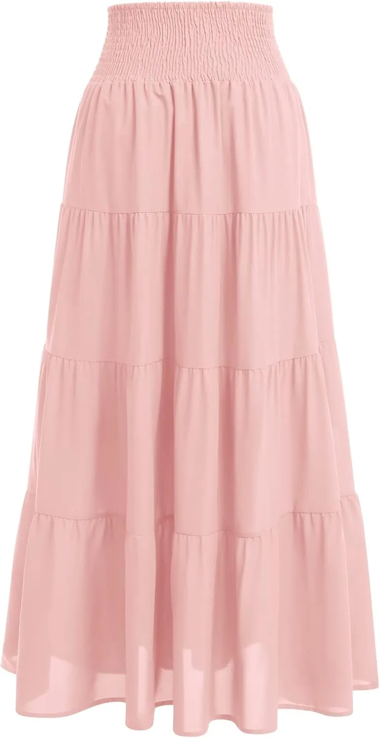 IWEMEK Women Boho Elastic Waist A Line Ruffle Beach Convertible Maxi Skirt Dress Tired Pleated Drawstring Chiffon Long Skirts